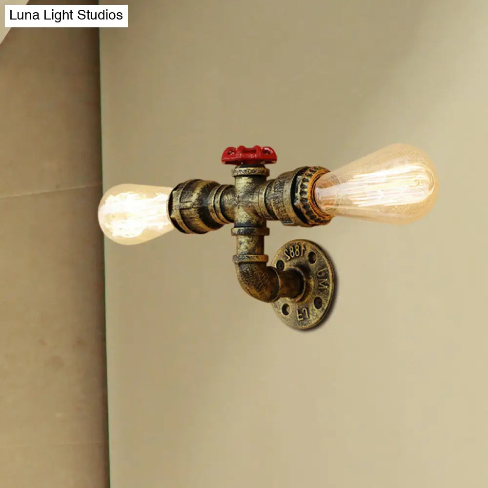 Warehouse Style 2-Head Wall Light Fixture With Bronze/Antique Brass Finish - Wrought Iron Sconce