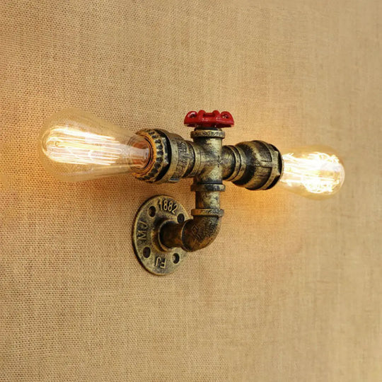 Warehouse Style 2-Head Wall Light Fixture With Bronze/Antique Brass Finish - Wrought Iron Sconce