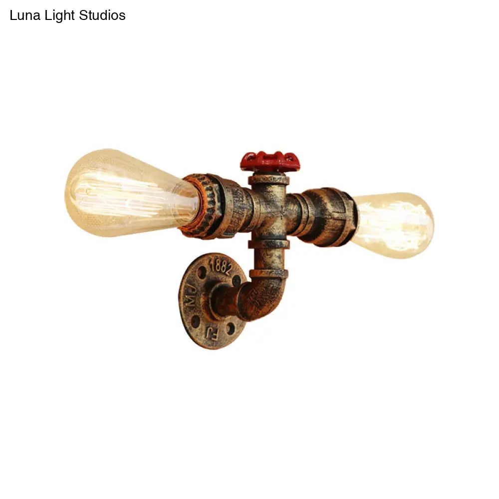 Warehouse Style 2-Head Wall Light Fixture With Bronze/Antique Brass Finish - Wrought Iron Sconce