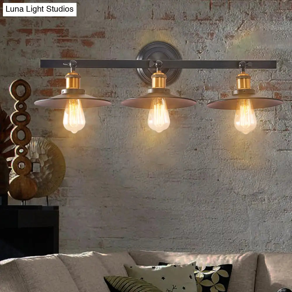 Warehouse Style Iron Wall Lamp With Flared Shade In Black - 3 Lights Perfect For Coffee Shops