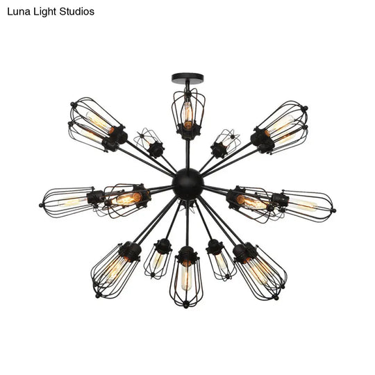 Warehouse Style Metal Bulb Cage Chandelier - Black Hanging Lamp With 9/12/15 Heads For Living Room