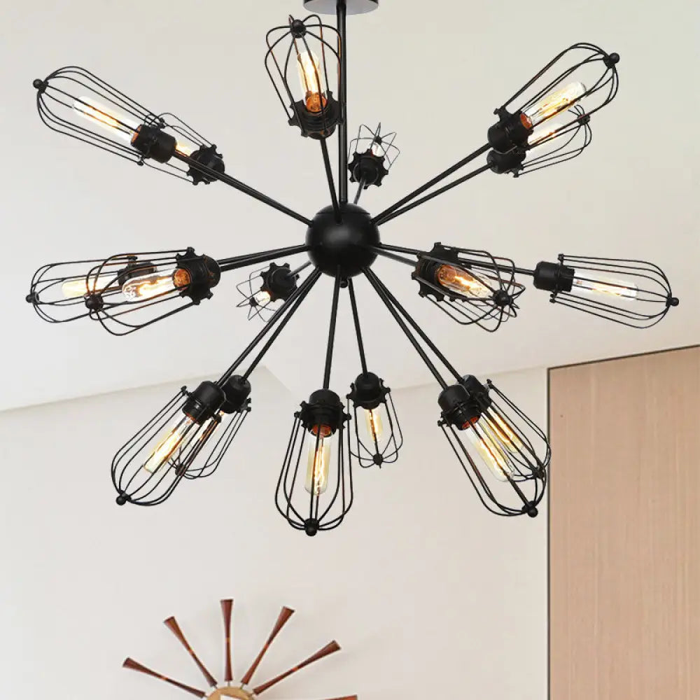 Warehouse Style Metal Bulb Cage Chandelier - Black Hanging Lamp With 9/12/15 Heads For Living Room