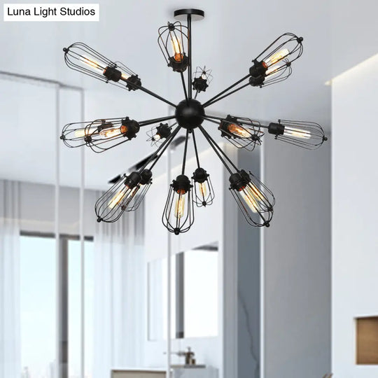 Warehouse Style Metal Bulb Cage Chandelier - Black Hanging Lamp With 9/12/15 Heads For Living Room