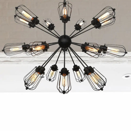 Warehouse Style Metal Bulb Cage Chandelier - Black Hanging Lamp With 9/12/15 Heads For Living Room