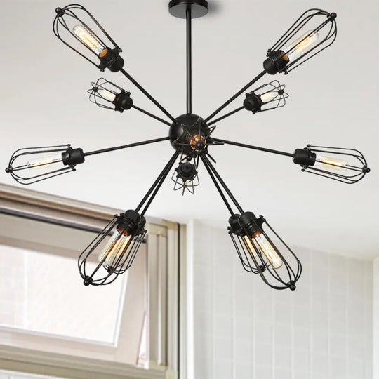 Warehouse Style Metal Bulb Cage Chandelier - Black Hanging Lamp With 9/12/15 Heads For Living Room