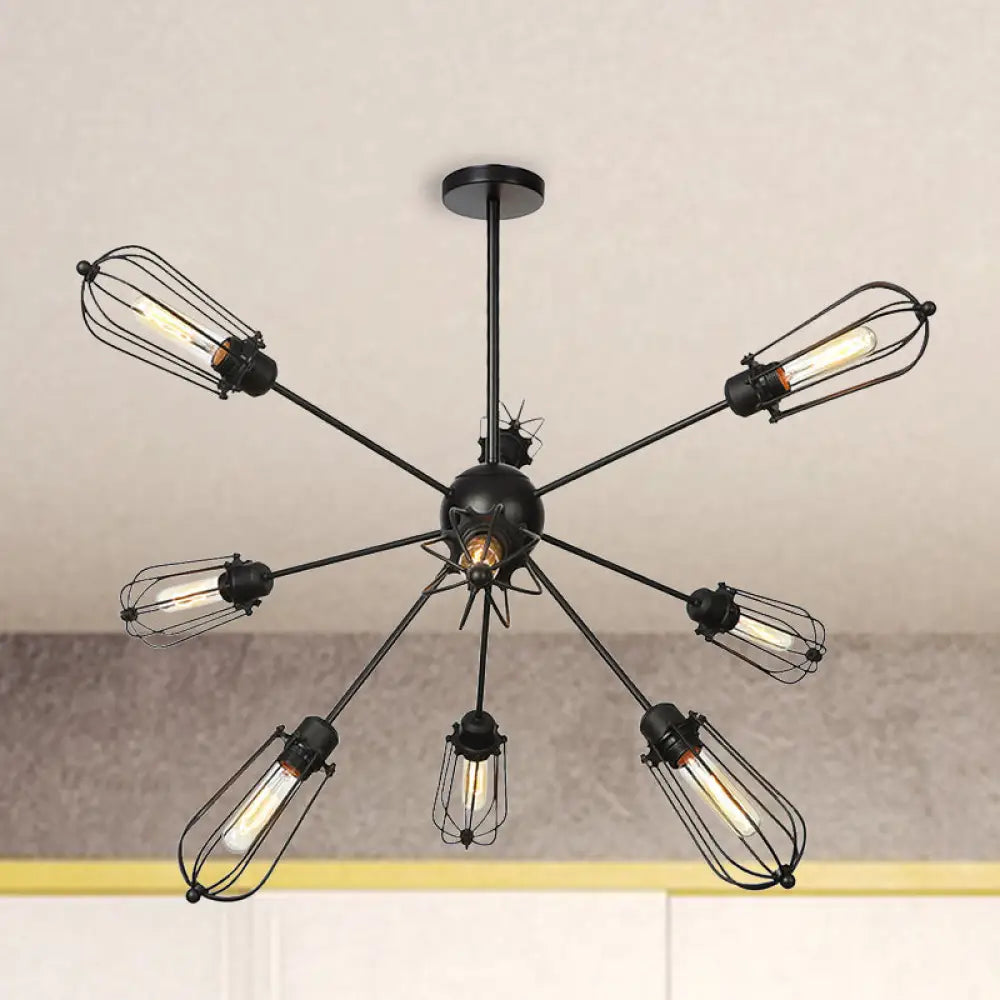 Warehouse Style Metal Bulb Cage Chandelier - Black Hanging Lamp With 9/12/15 Heads For Living Room