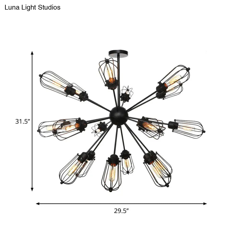 Warehouse Style Metal Bulb Cage Chandelier - Black Hanging Lamp With 9/12/15 Heads For Living Room