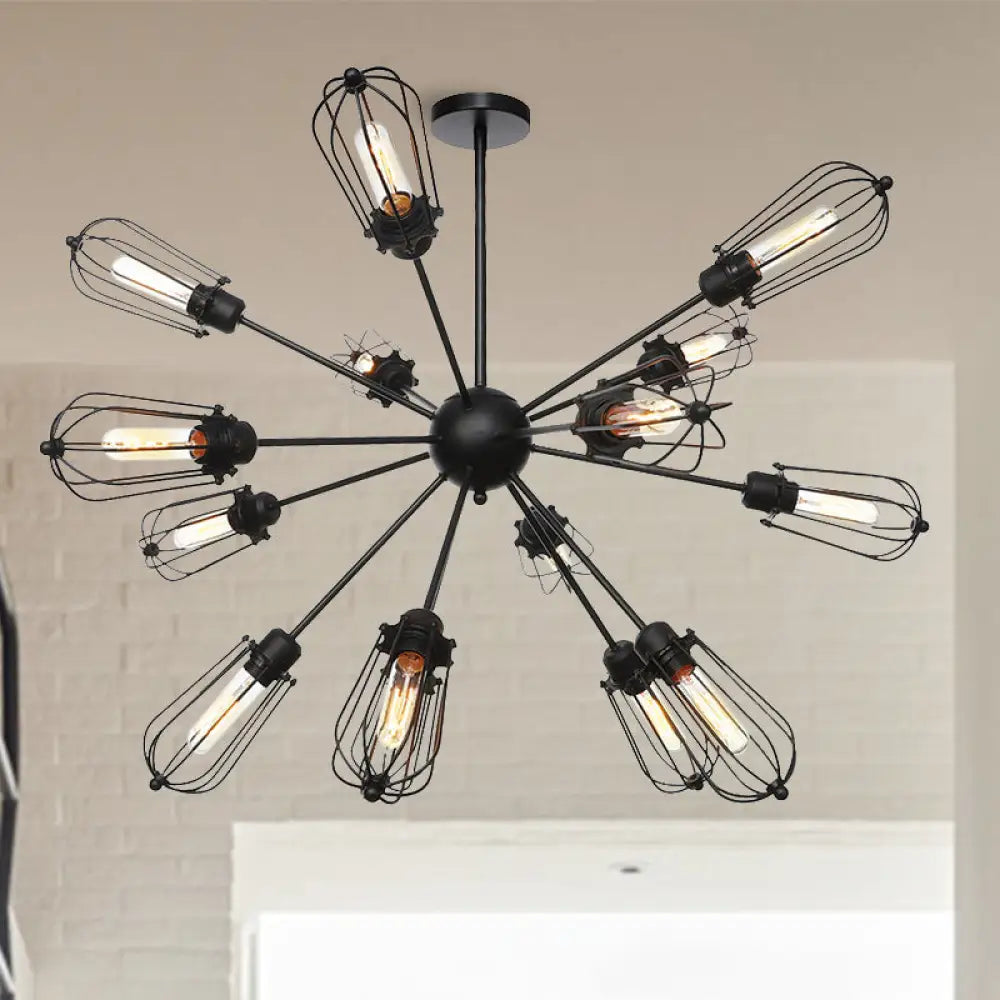 Warehouse Style Metal Bulb Cage Chandelier - Black Hanging Lamp With 9/12/15 Heads For Living Room