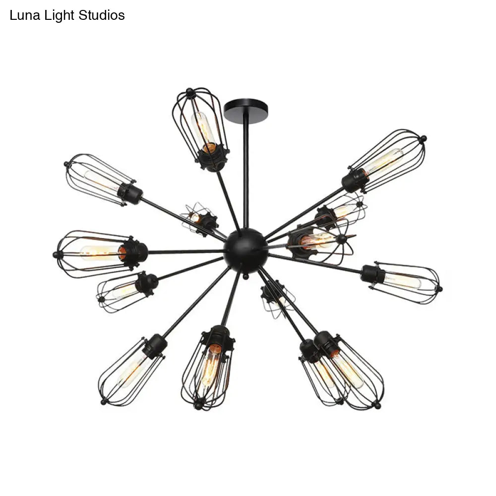 Warehouse Style Metal Bulb Cage Chandelier - Black Hanging Lamp With 9/12/15 Heads For Living Room