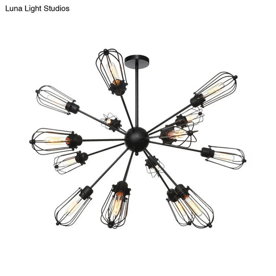 Warehouse Style Metal Bulb Cage Chandelier - Black Hanging Lamp With 9/12/15 Heads For Living Room