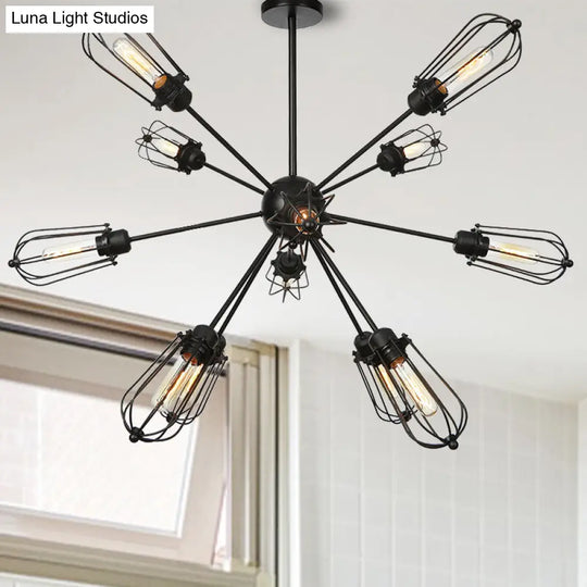 Industrial Metal Bulb Cage Chandelier - Warehouse Style 9/12/15 Heads Black Hanging Lamp For Living