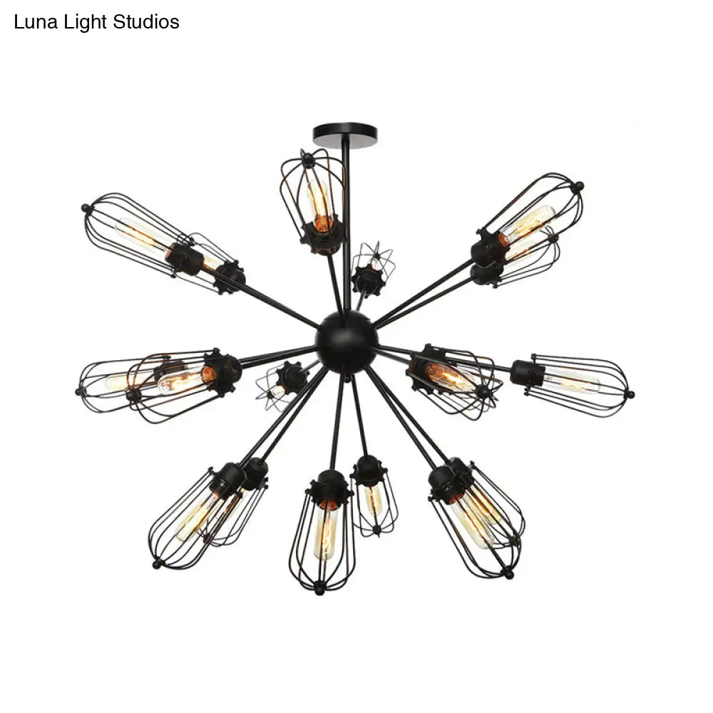 Warehouse Style Metal Bulb Cage Chandelier - Black Hanging Lamp With 9/12/15 Heads For Living Room