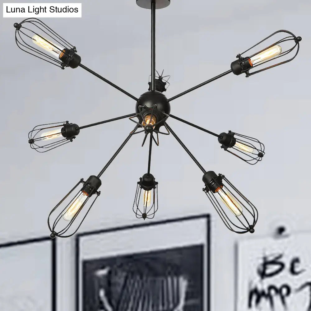 Industrial Metal Bulb Cage Chandelier - Warehouse Style 9/12/15 Heads Black Hanging Lamp For Living