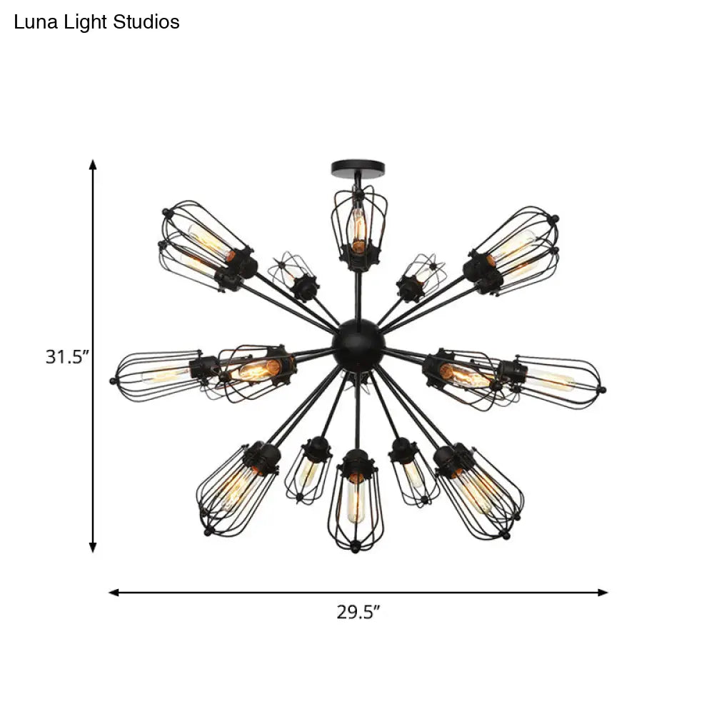 Warehouse Style Metal Bulb Cage Chandelier - Black Hanging Lamp With 9/12/15 Heads For Living Room