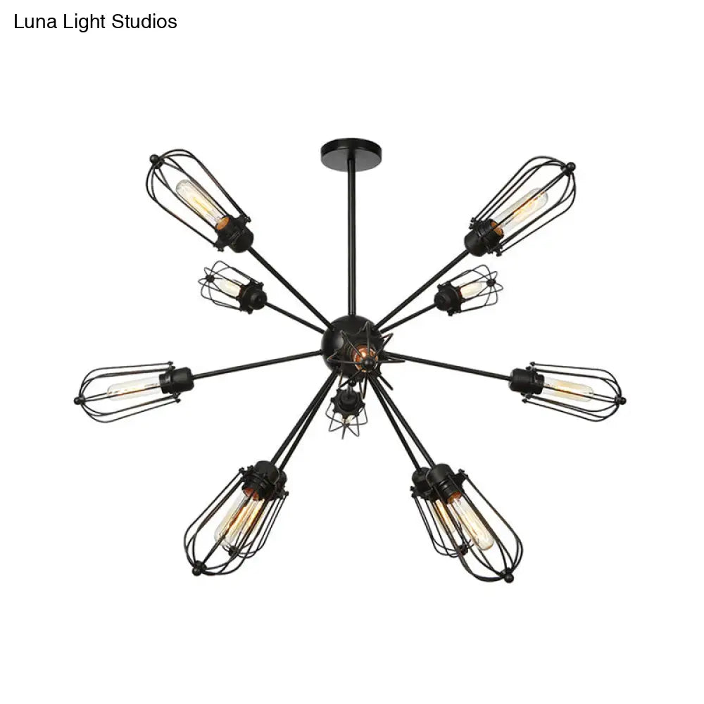 Warehouse Style Metal Bulb Cage Chandelier - Black Hanging Lamp With 9/12/15 Heads For Living Room