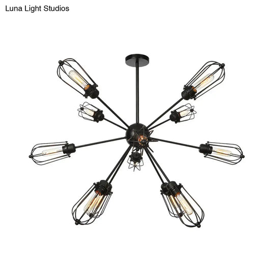 Warehouse Style Metal Bulb Cage Chandelier - Black Hanging Lamp With 9/12/15 Heads For Living Room