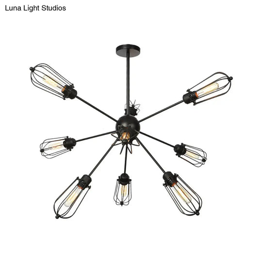 Warehouse Style Metal Bulb Cage Chandelier - Black Hanging Lamp With 9/12/15 Heads For Living Room