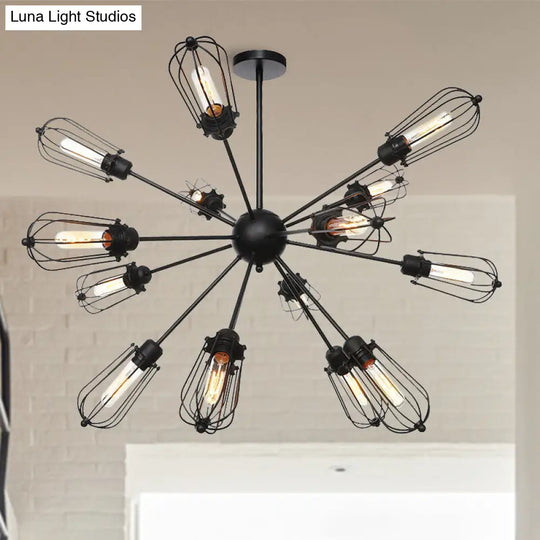 Industrial Metal Bulb Cage Chandelier - Warehouse Style 9/12/15 Heads Black Hanging Lamp For Living