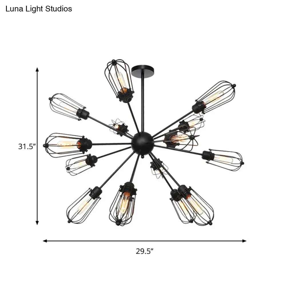 Warehouse Style Metal Bulb Cage Chandelier - Black Hanging Lamp With 9/12/15 Heads For Living Room