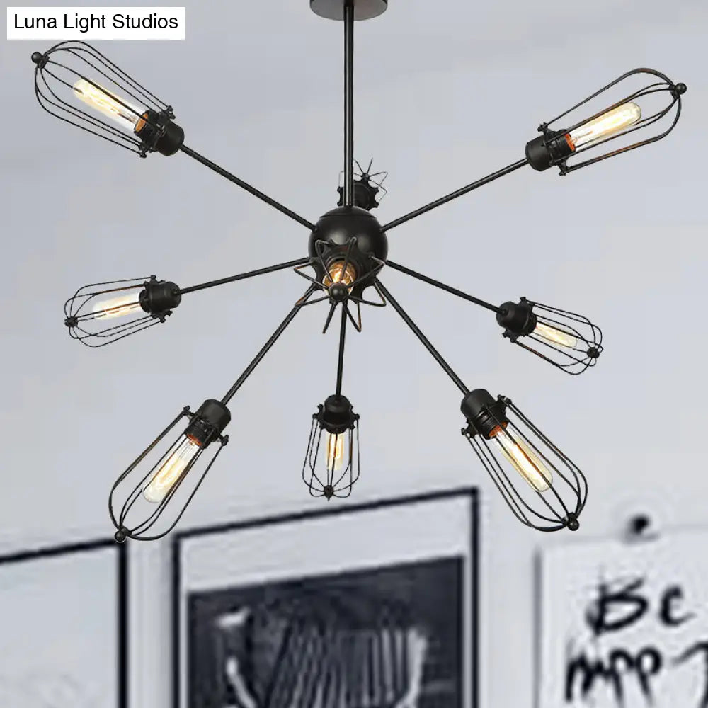 Warehouse Style Metal Bulb Cage Chandelier - Black Hanging Lamp With 9/12/15 Heads For Living Room