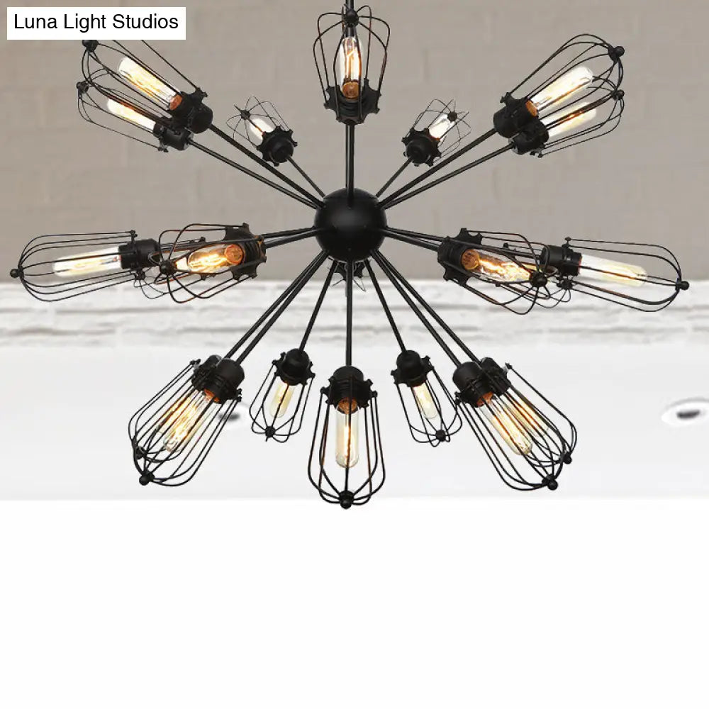 Industrial Metal Bulb Cage Chandelier - Warehouse Style 9/12/15 Heads Black Hanging Lamp For Living