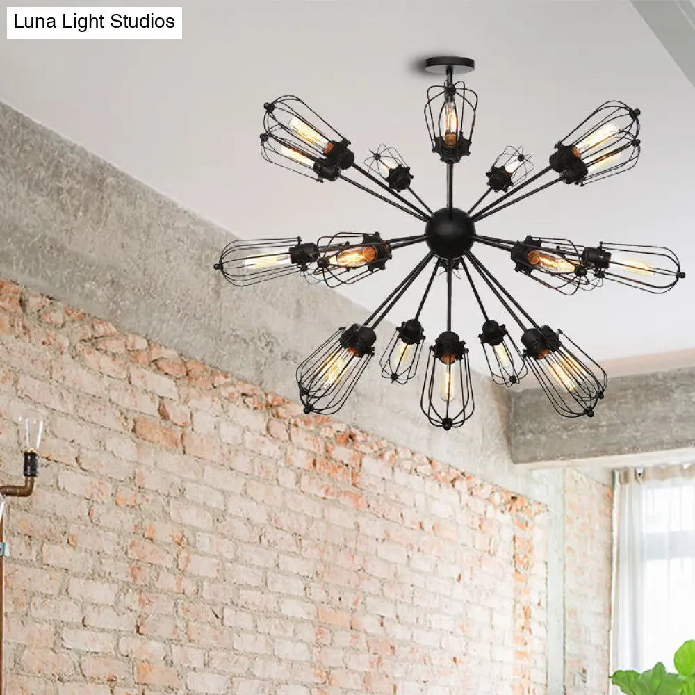 Industrial Metal Bulb Cage Chandelier - Warehouse Style 9/12/15 Heads Black Hanging Lamp For Living