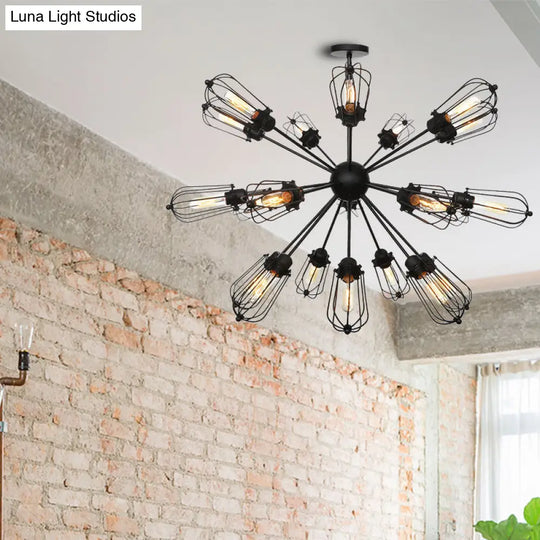 Warehouse Style Metal Bulb Cage Chandelier - Black Hanging Lamp With 9/12/15 Heads For Living Room