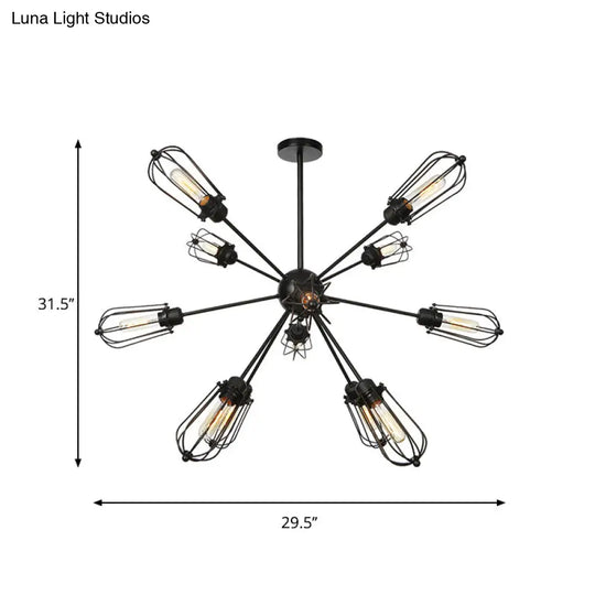 Warehouse Style Metal Bulb Cage Chandelier - Black Hanging Lamp With 9/12/15 Heads For Living Room