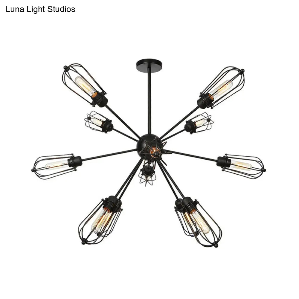 Industrial Metal Bulb Cage Chandelier - Warehouse Style 9/12/15 Heads Black Hanging Lamp For Living