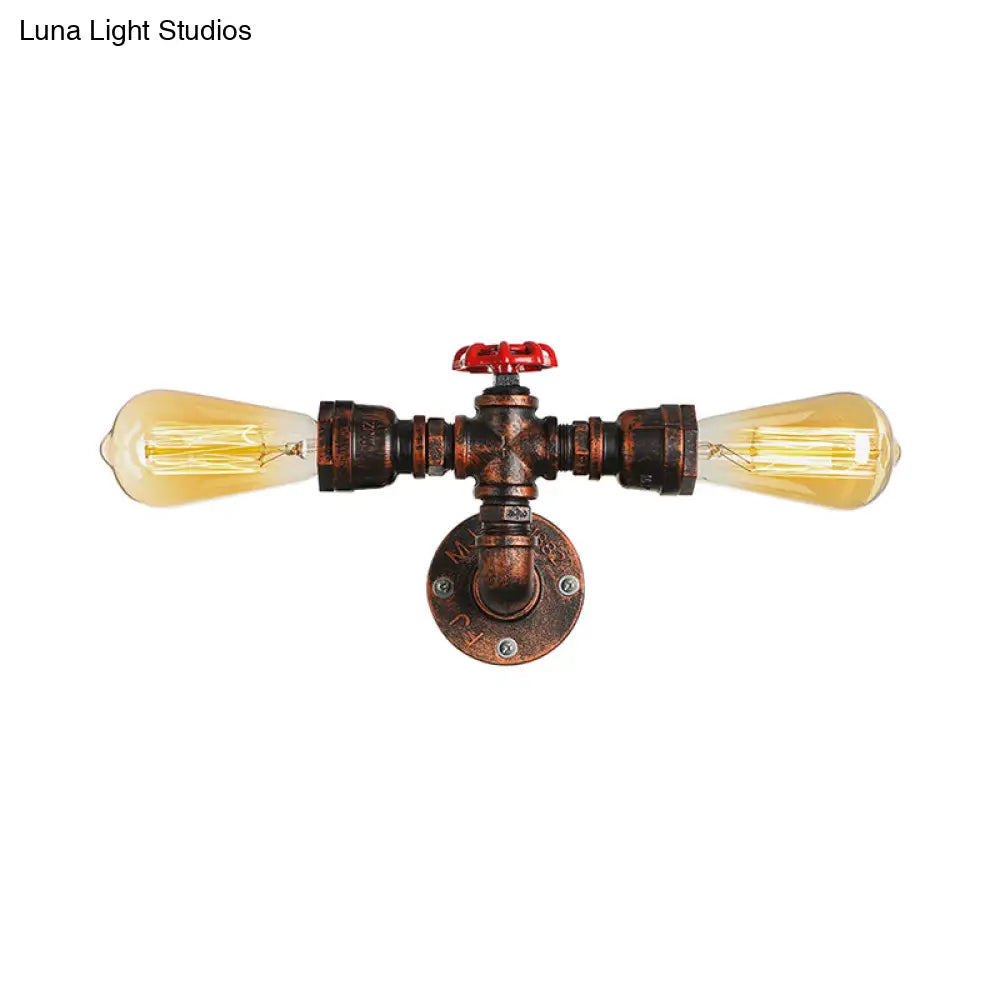 Warehouse Style Open Bulb Metal Wall Lamp With Water Valve - Dark Rust Sconce Lighting For Living