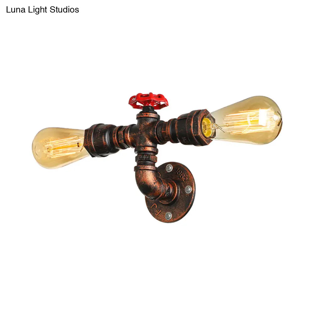 Warehouse Style Open Bulb Metal Wall Lamp With Water Valve - Dark Rust Sconce Lighting For Living