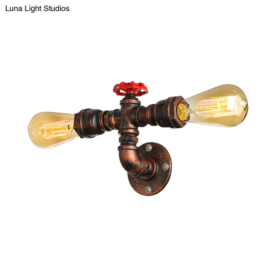 Warehouse Style Open Bulb Metal Wall Lamp With Water Valve - Dark Rust Sconce Lighting For Living