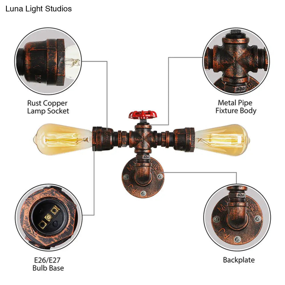 Warehouse Style Open Bulb Metal Wall Lamp With Water Valve - Dark Rust Sconce Lighting For Living