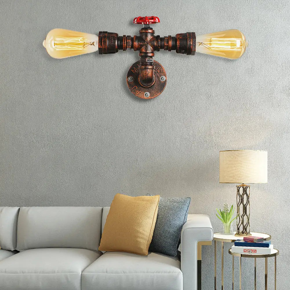 Warehouse Style Open Bulb Metal Wall Lamp With Water Valve - Dark Rust Sconce Lighting For Living