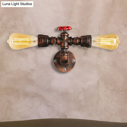 Warehouse Style Open Bulb Metal Wall Lamp With Water Valve - Dark Rust Sconce Lighting For Living