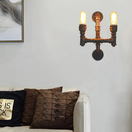 Warehouse Water Pipe Wall Sconce Lamp - Exposed Bulb Iron Light In Weathered Copper (2/3 Lights) 2 /