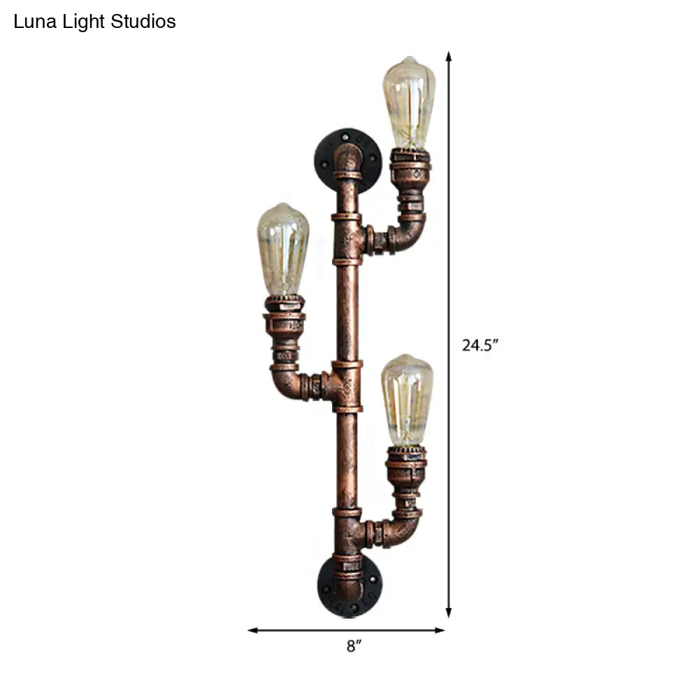 Warehouse Water Pipe Wall Sconce Lamp - Exposed Bulb Iron Light In Weathered Copper (2/3 Lights)