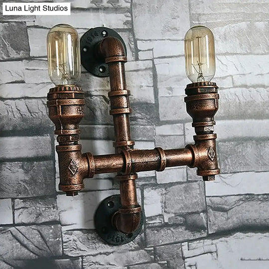 Warehouse Water Pipe Wall Sconce Lamp - Exposed Bulb Iron Light In Weathered Copper (2/3 Lights)