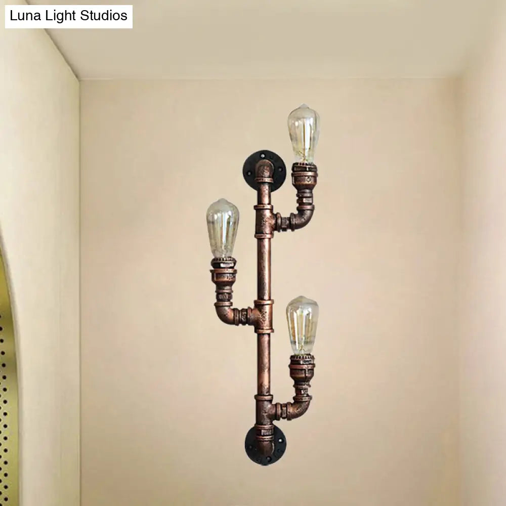 Warehouse Water Pipe Wall Sconce Lamp - Exposed Bulb Iron Light In Weathered Copper (2/3 Lights)