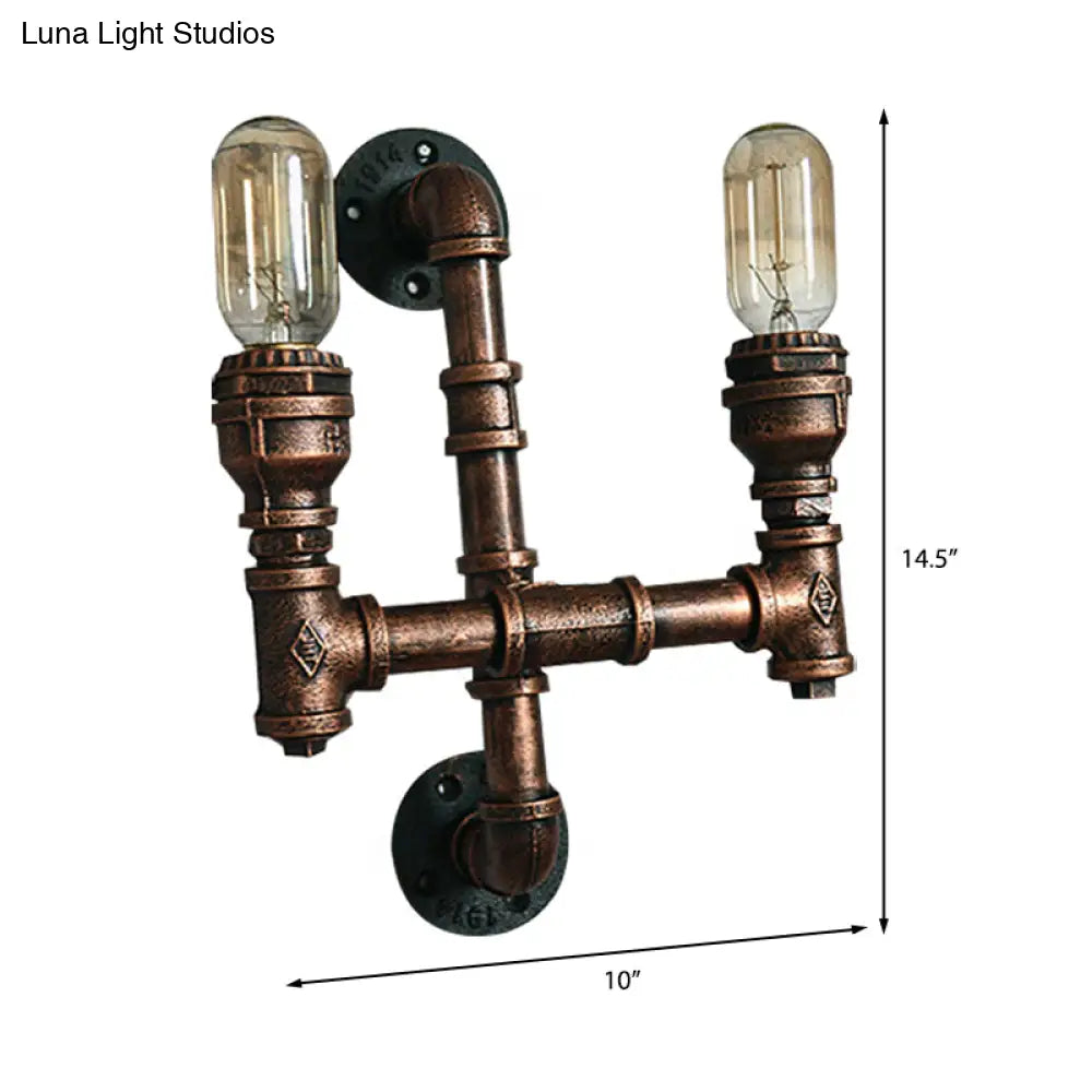 Warehouse Water Pipe Wall Sconce Lamp - Exposed Bulb Iron Light In Weathered Copper (2/3 Lights)