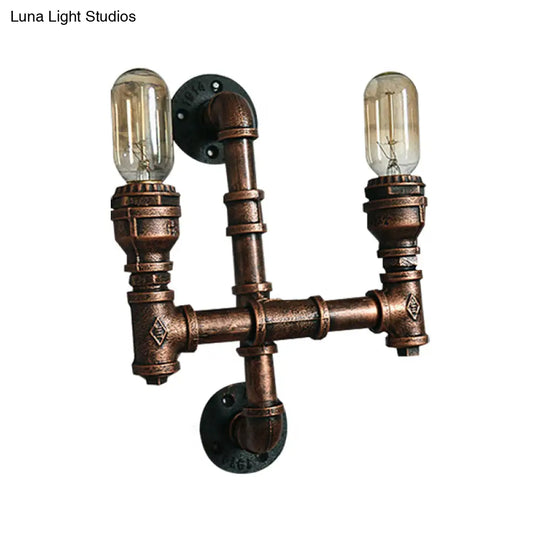 Warehouse Water Pipe Wall Sconce Lamp - Exposed Bulb Iron Light In Weathered Copper (2/3 Lights)