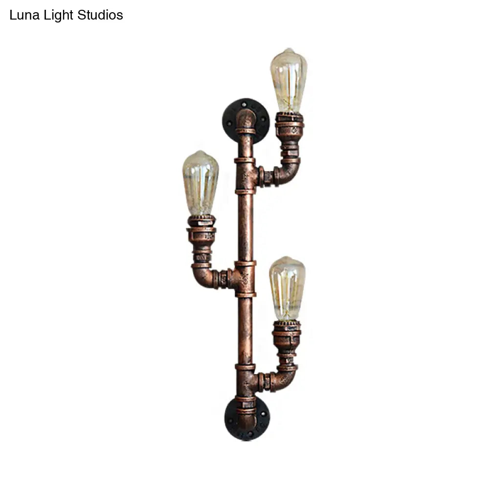 Warehouse Water Pipe Wall Sconce Lamp - Exposed Bulb Iron Light In Weathered Copper (2/3 Lights)