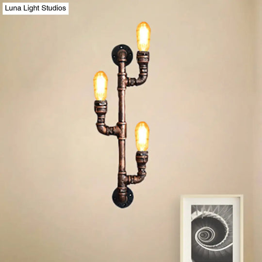 Warehouse Water Pipe Wall Sconce Lamp - Exposed Bulb Iron Light In Weathered Copper (2/3 Lights)