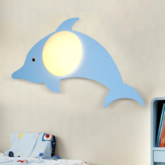 Warm Wood Cartoon Led Wall Sconce For Nursery Or Bedroom Blue / Dolphin