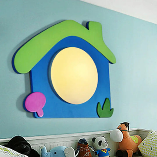 Warm Wood Cartoon Led Wall Sconce For Nursery Or Bedroom Blue / House