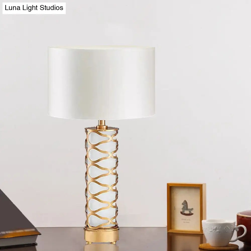 Classic White Drum Bedroom Night Table Lamp With Cylinder Base Gold