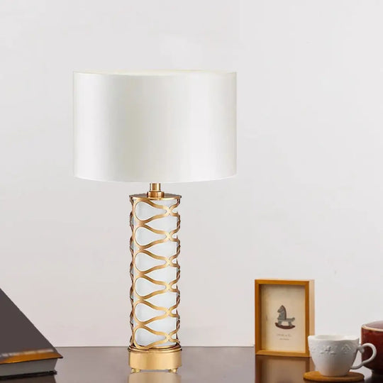 Wasat - Classic Fabric 1-Head White Desk Light Drum Bedroom Night Table Lamp Gold