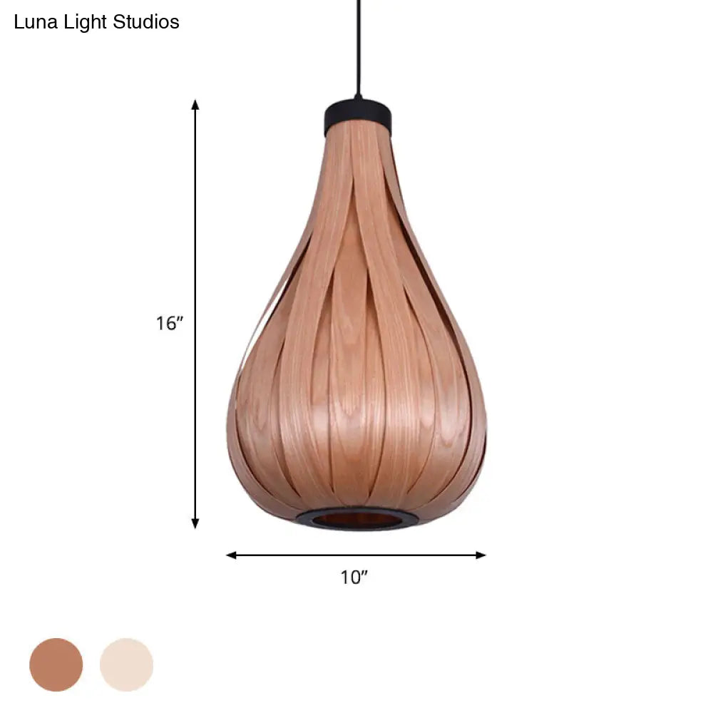 Asian Style Water Drop Pendant Light - Brown/White Wooden Single Head Hanging Lamp For Dining Table