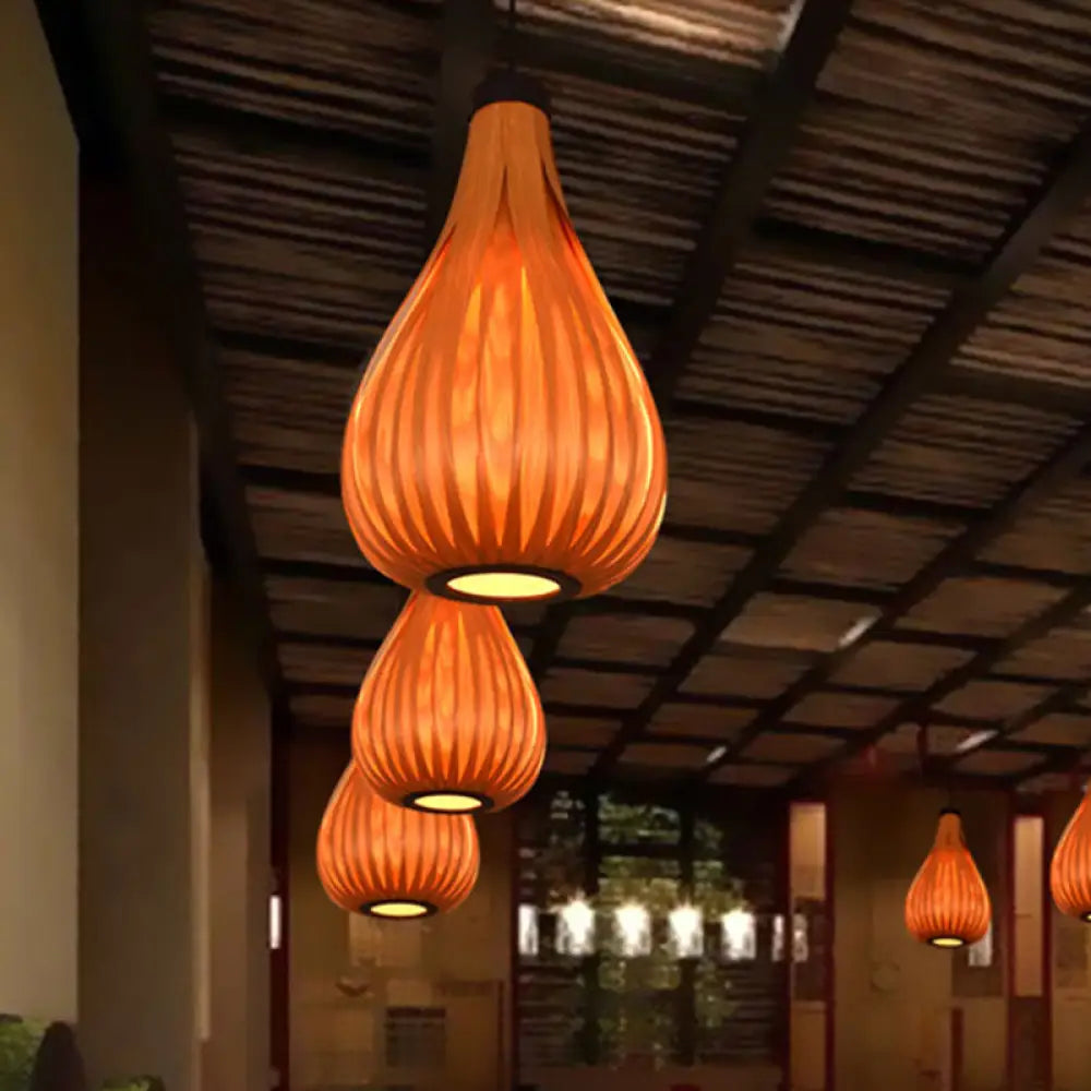 Water Drop Pendant Light - Brown/White Asian Style Wooden Hanging Lamp For Dining Table Brown / 12’