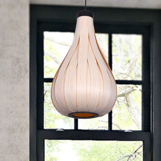 Water Drop Pendant Light - Brown/White Asian Style Wooden Hanging Lamp For Dining Table White / 12’